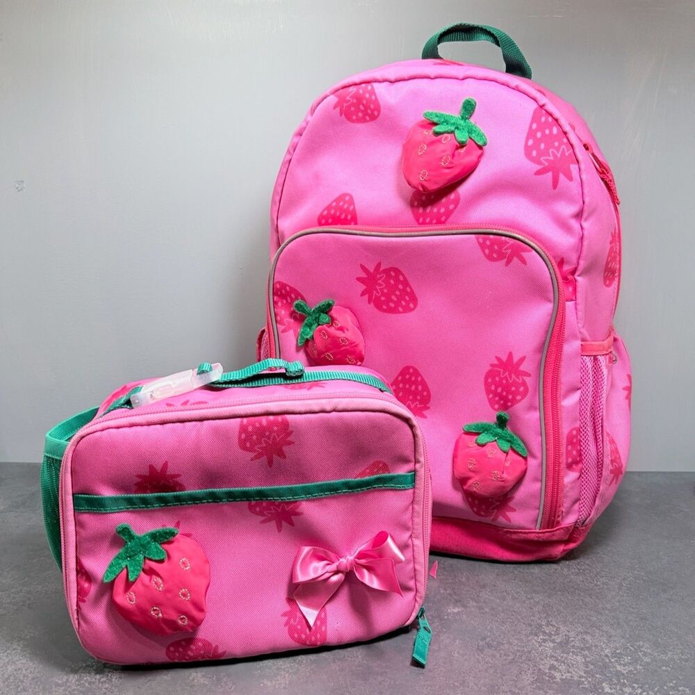 Strawberry Backpack & Lunch Box Set | Bubblegum Pink 3D Appliqué | Large